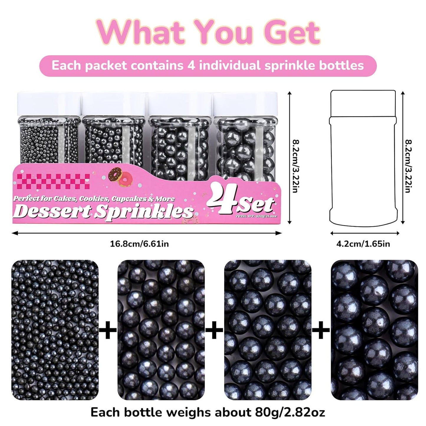 Black Pearl Sprinkles for Cake Decorating, 11.3 Oz Edible Pearls Sugar 4 Sizes Gift Box Set for Baking Cookie Ice Cream Cupcake Toppings