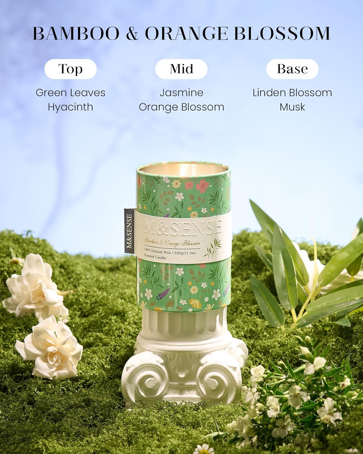 M&SENSE Bamboo Orange Blossom Scented Candle, Medium Jar Candle 11.3oz Natural Soy Wax for Home Scented, Floral Candles Gift for Spring Holiday, Up to 70 Hours Burning Long-Lasting Fragrance