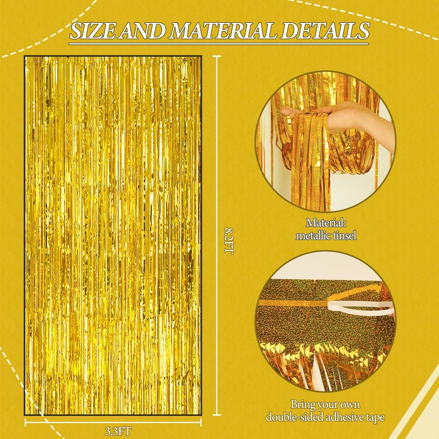 3 Pack Foil Fringe Backdrop - Laser Gold Shiny Tinsel Curtains for Party Decoration/Photo Booth Props - 3.3x8.2 FT Metallic Foil Backdrop for Birthday, Wedding, Graduation, Christmas.