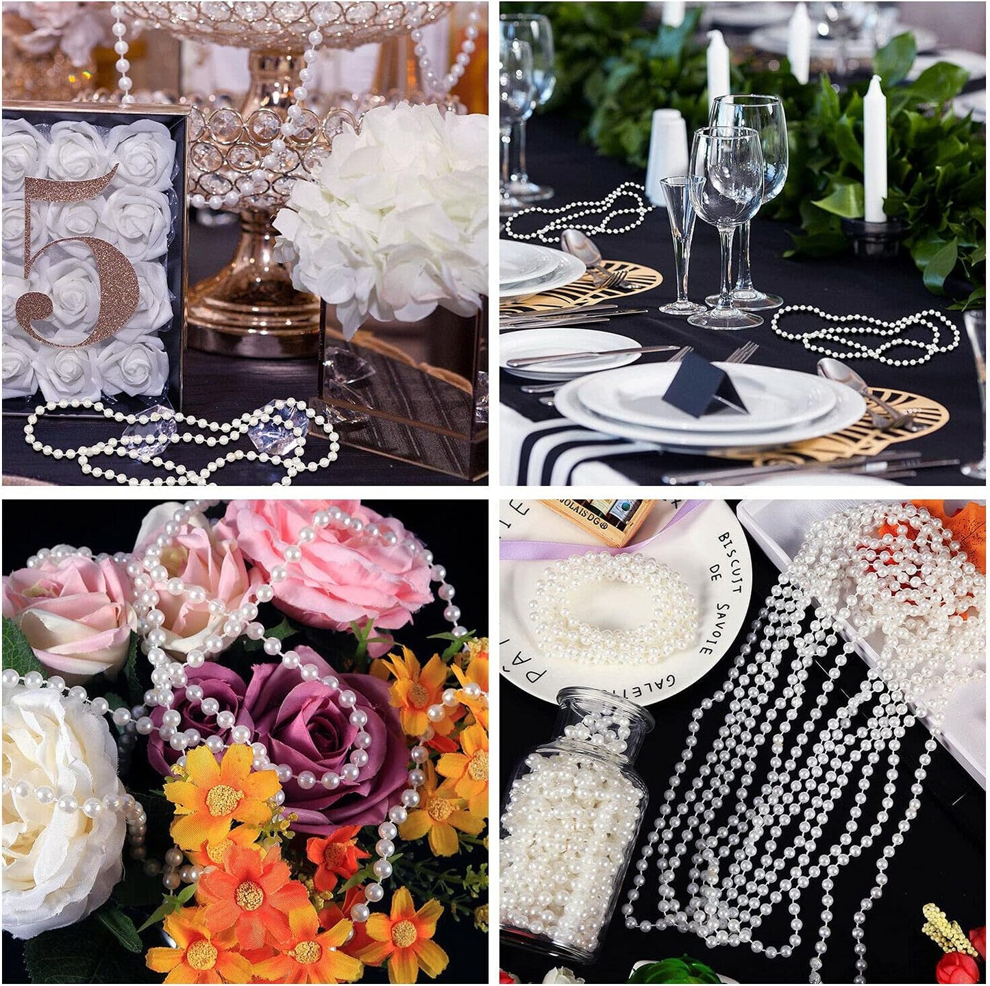 Craft String Pearls 8MM Pearl Bead, 33 Feet White Faux Pearl Garland Spool Roll Strand Wedding Party Decoration, Christmas Tree Decorations