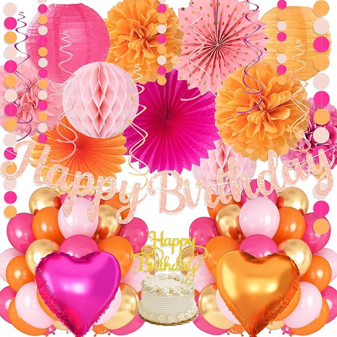 Hot-Pink Orange Birthday Decoration for Women Girl, Fall Peach Burnt-Orange Gold Balloon Décor-Happy Banner, Streamers Lanterns Honeycomb, Tissue Flowers Pom Poms Fan, Boho Sunset Autumn Party Décor