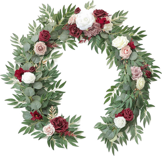 Floroom 6ft Artificial Eucalyptus Garland with Flowers Fake Greenery Faux Floral Vine Garland for Table Decor Wedding Centerpieces Bridal Shower Party Decorations, Burgundy & White