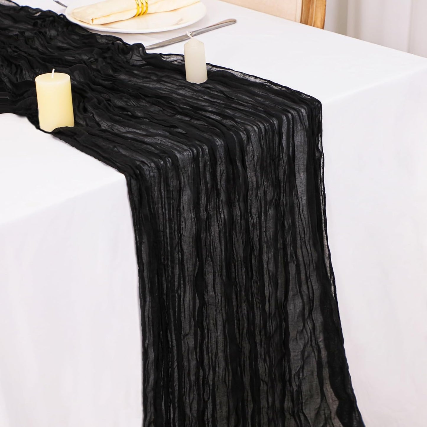 Snowkingdom 6PCS 13 Ft Black Cheesecloth Table Runner, 160 inch Long Cheese Cloth Boho Gauze Runners for Wedding Bridal Baby Shower Birthday Holiday Party Halloween Table Decorations