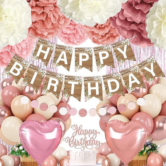 Dusty Rose Birthday Decorations for Women, Happy Birthday Banner Retro Blush Pink Gold Balloons Set with Tissue Paper Flower Foil Fringe Curtain for Neutral Rustic Birthday Party Décor