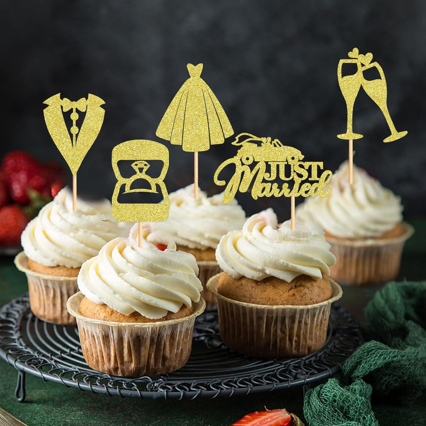 25 Pcs Bride and Groom Cupcake Toppers Wedding Dress Diamond Ring Cupcake Picks Bridal Shower Wedding Engagement Anniversary Party Cake Decorations Supplies golden