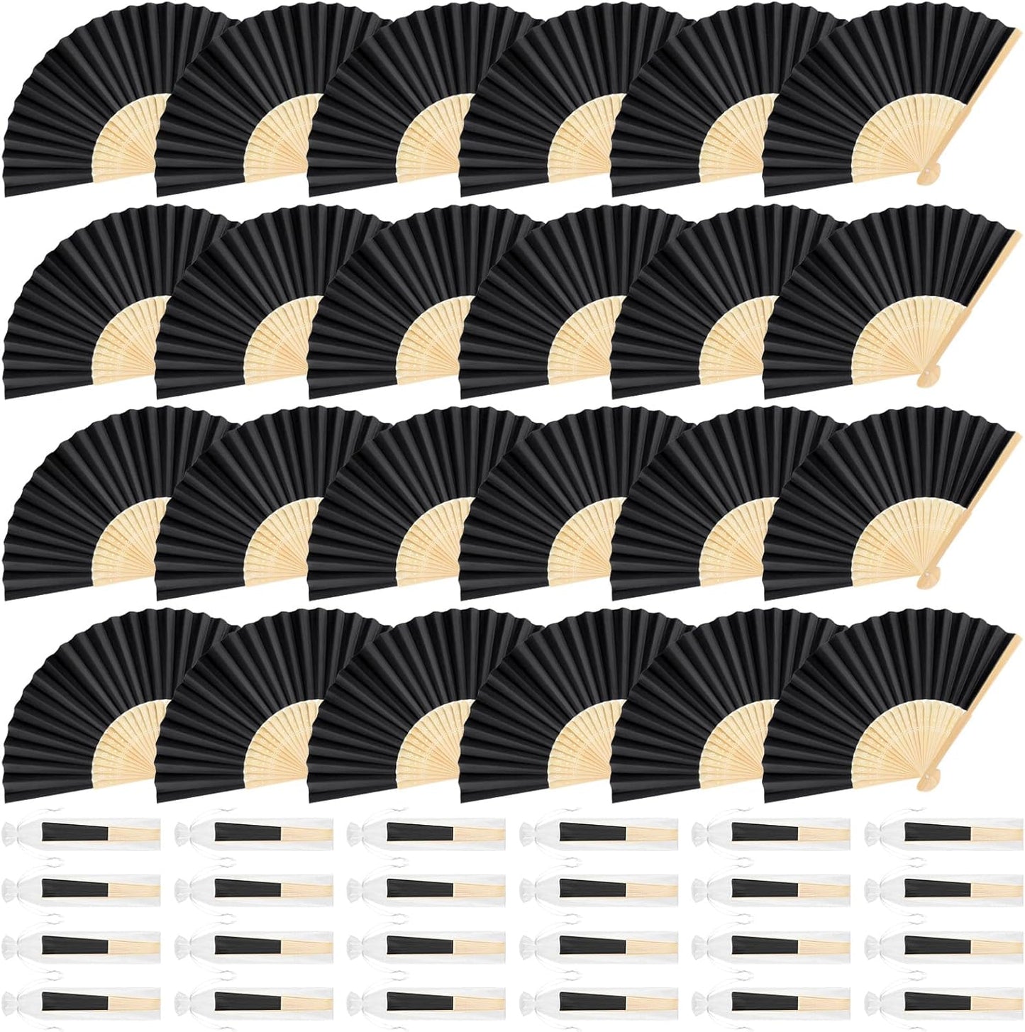 24 Pieces Black Hand Held Bamboo Folding Fans Paper Fans Handheld for Women Foldable Girls Wedding Decoration Church Home Party Favors Summer