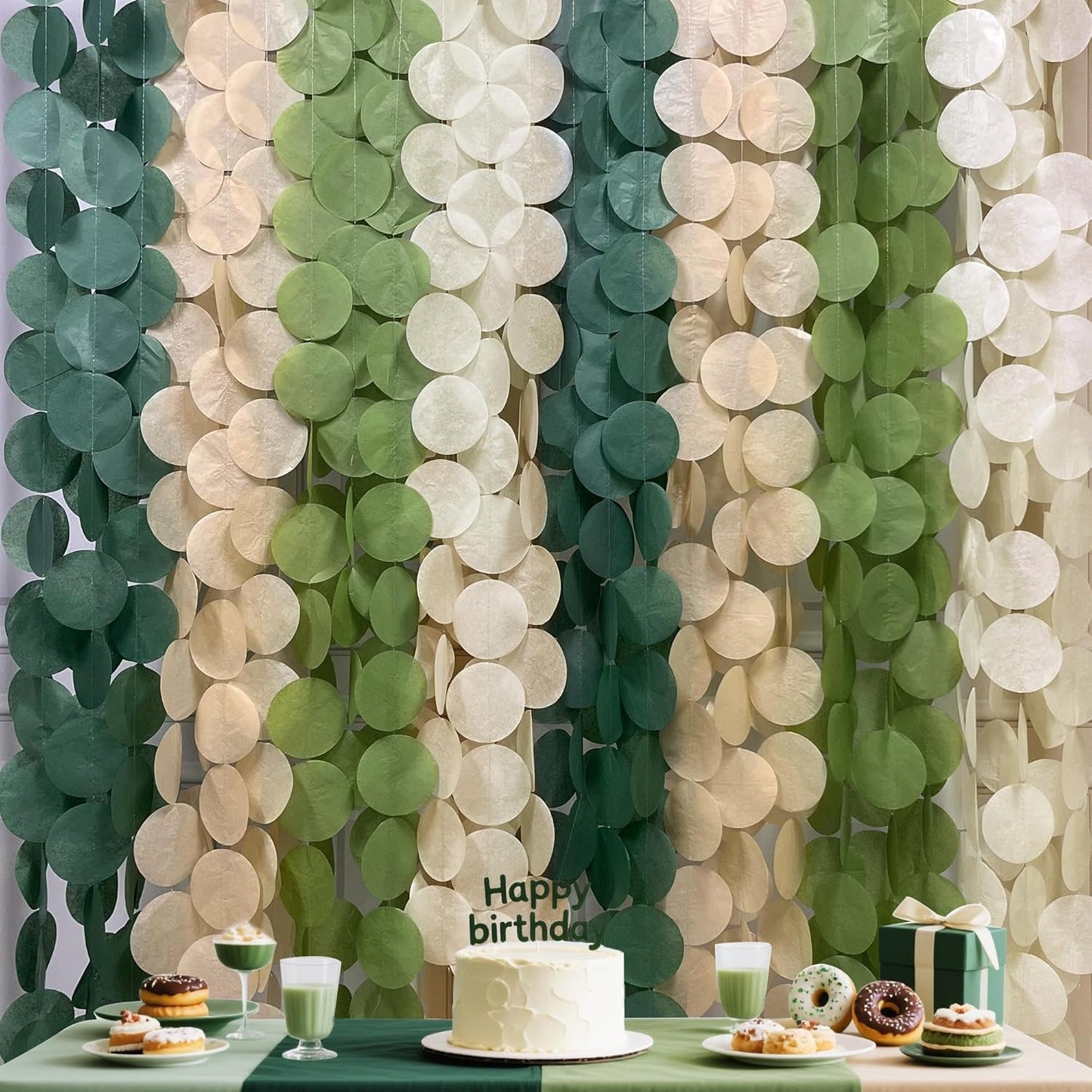 205 Ft Sage Green Party Decorations Oilve Green and Beige Circle Dot Backdrop Garland Tissue Paper Polka Dots Hanging Streamer for Baby Shower Birthday Wedding Engagement Bachelorette Party Supplies