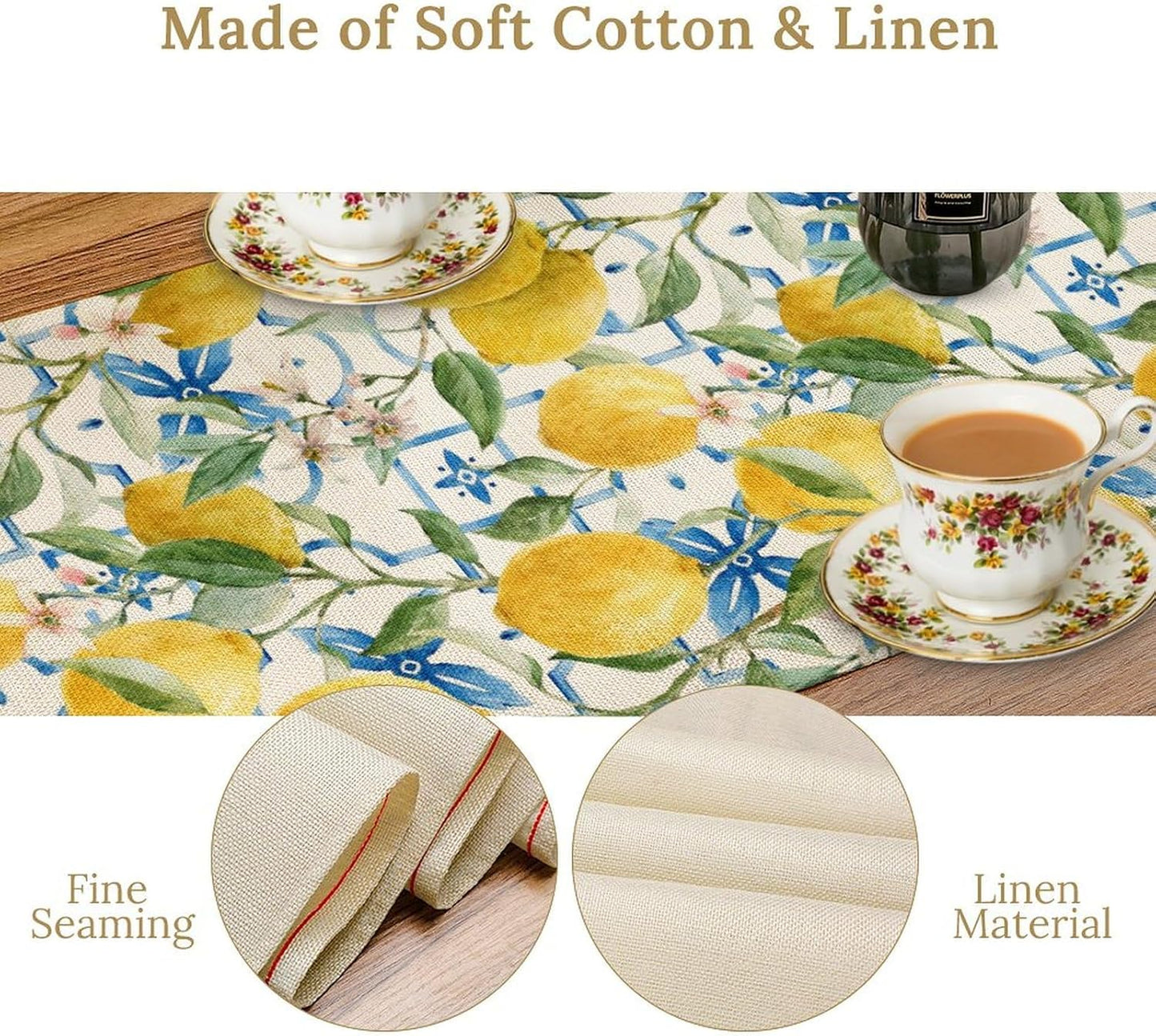 Lemon Table Runner,Watercolor Fruit Green Leaves Spring Summer Table Cloth Kitchen Dining Table Home Party Decoration 13x60 Inch