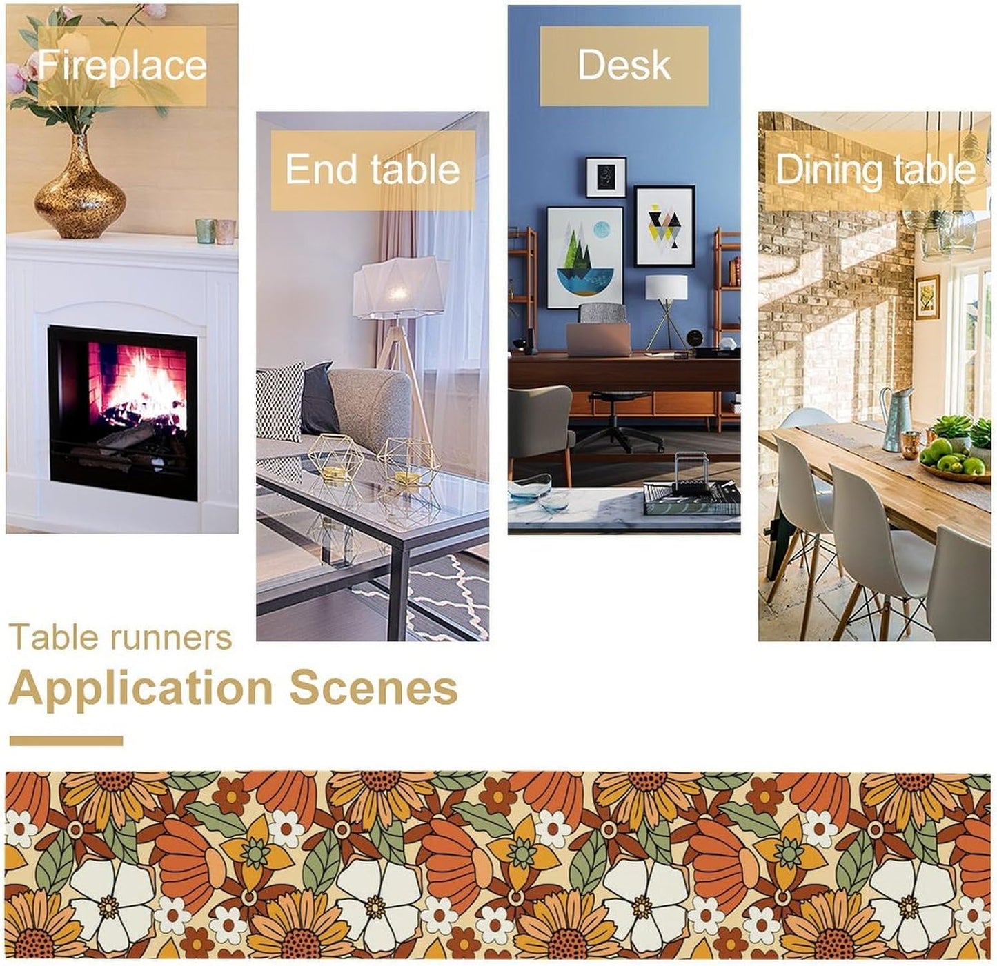 Vintage Floral Table Runner,Boho 70s Style Retro Flower Table Cloth Kitchen Dining Table Home Party Decoration 13x108 Inch