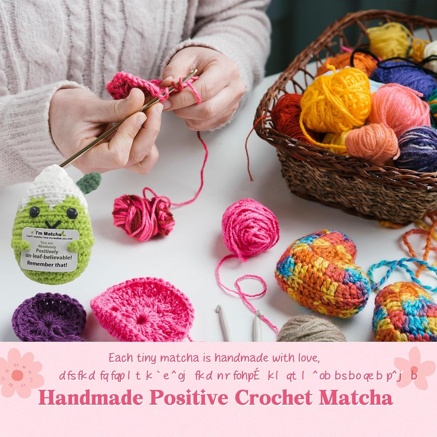 Mini Matcha Crochet Gift,Cute Handmade Positive Crochet,Birthday Gifts for Women Men Presents,Handmade Emotional Positive Crochets Matcha Decor,Office & Home Decor