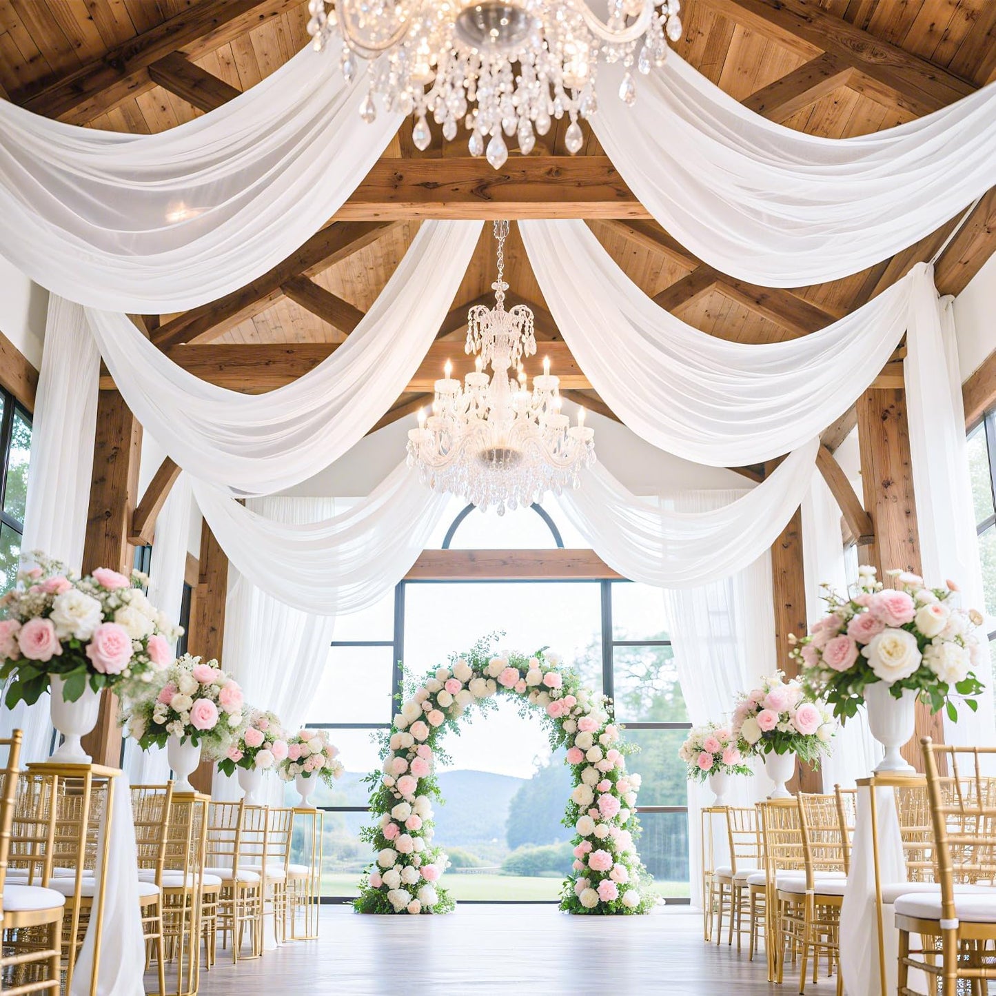 FUHSY White Ceiling Drapes for Wedding Arch Draping Fabric 4 Panels 5x20FT Chiffon Wedding Arch Drapes Sheer Bed Canopy Curtains Wedding Backdrops for Reception Ceremony Swag Arbor Archway Tent Drapes