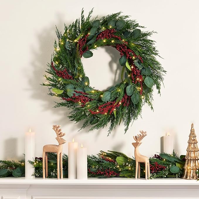 LampLust Lighted Garland with Lights Battery Operated, 6 Ft Red Berry & Eucalyptus,100 LED with Timer, Greenery Garland for Mantle All Year Round