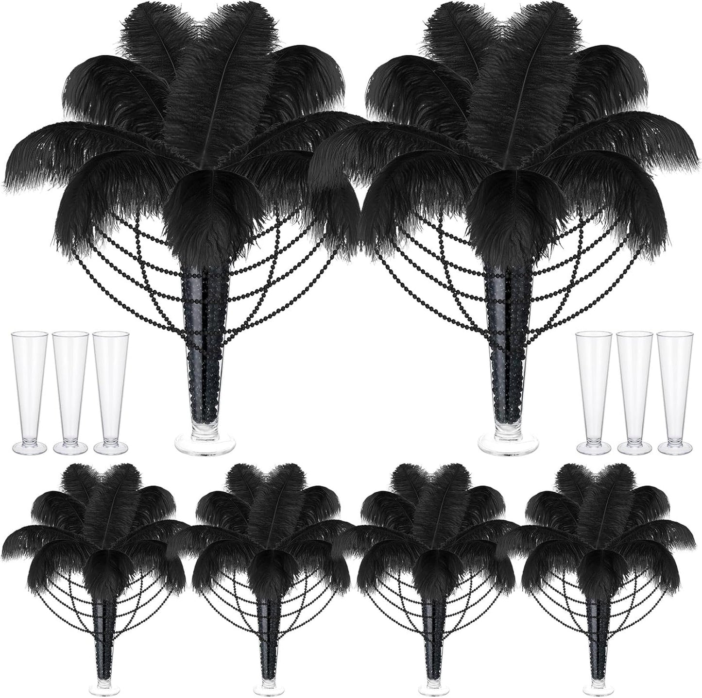 Yuxung 6 Sets Wedding Table Centerpiece Accessories Including 159 Pieces Natural Ostrich Feather Bulk Plastic Vases and Beads Necklaces for Wedding Home Party Centerpiece Supplies(Black)