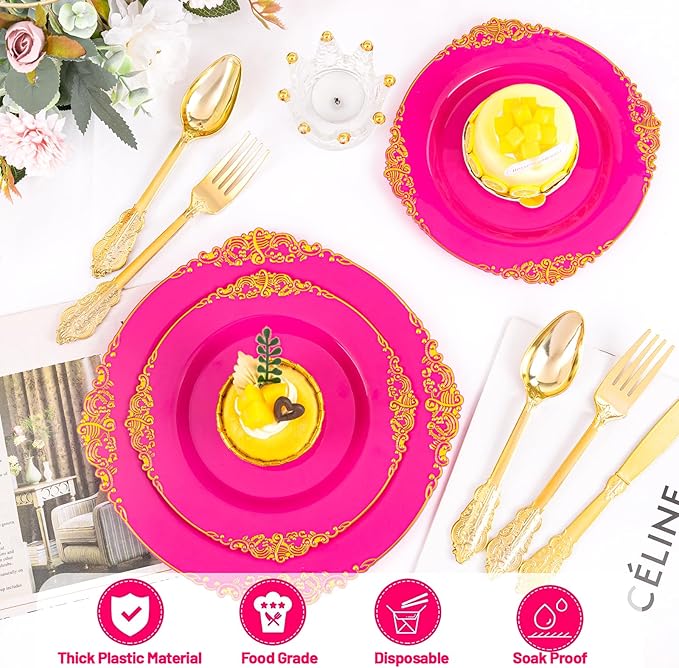 125PCS Hot Pink Plastic Plates - Pink Disposable Plate - Elegant Party Plates with Gold Plastic Silverware Sets for 25 Guests for Valentine's Day Party & Birthday & Baby Shower
