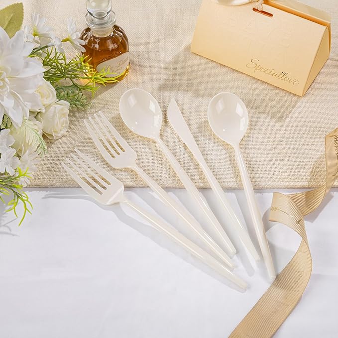 Supernal 180pcs Plastic Silverware Heavy Duty Ivory Plastic Utensils Cutlery Disposable Beige Party Silverware Include 60 Forks,60 Knvies,60 Spoons Disposable Cutlery for Party,Wedding,New Year