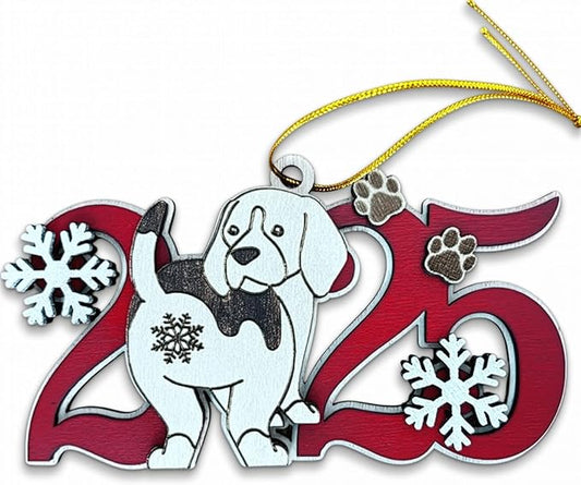 Beagle 2025 Christmas Ornament – Wooden Dog Tree Decoration with Paw Prints & Snowflakes for Beagle Lovers, Pet Owner Christmas Décor