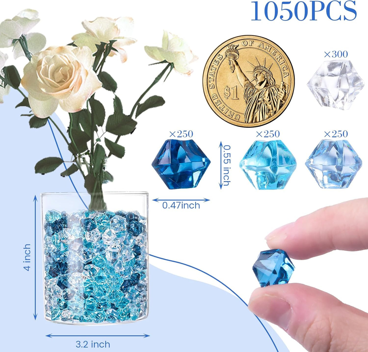 DomeStar 1050PCS Mixed Blue Fake Ice, Fake Diamonds, Vase Fillers Clear Rocks for Fish Tank Table Scatter Decor