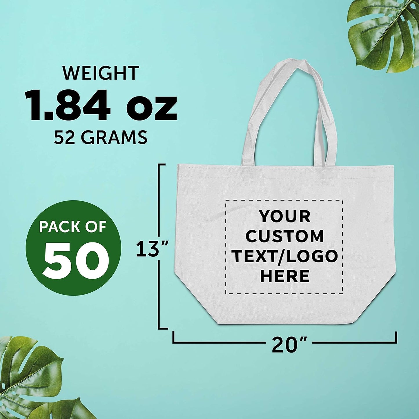DISCOUNT PROMOS Custom Southern Style Grocery Tote Bags Set of 50 - Personalized Bulk Pack, Reusable Grocery & Shopping Bags - Great for Travel, Carry on Bag, Business Promotions - White - 20"X13"X8"