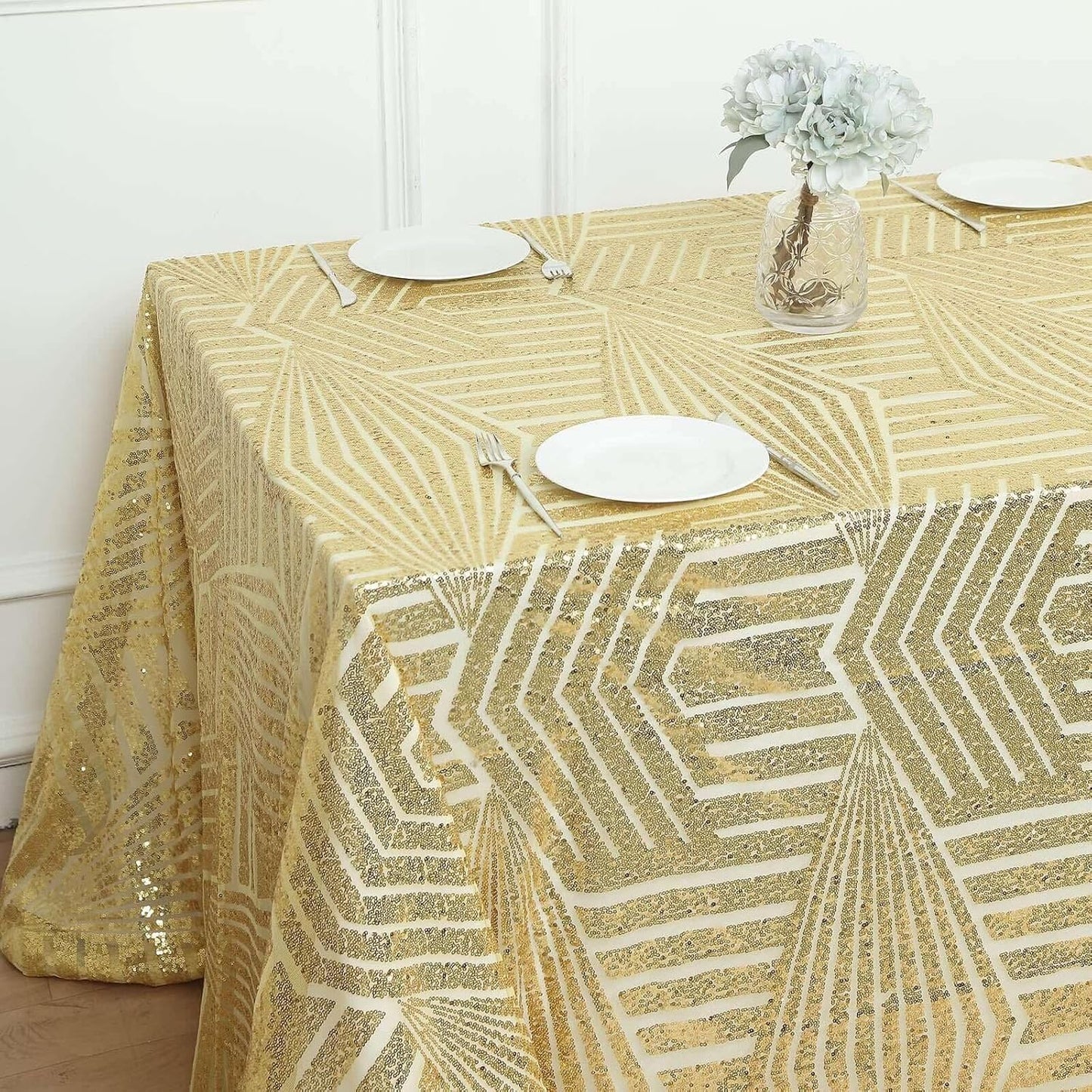 Efavormart 90"X132" Gold Sparkly Sequin Geometric Tulle Rectangular Tablecloth