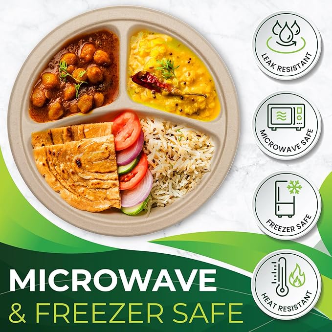 150PCS 100% Compostable 10in Brown Paper Plate, 3-Compartment Heavy Duty Disposable Plates, Eco-Friendly Sectional Plates, Biodegradable Divided Plates Made of Sugarcane Fiber