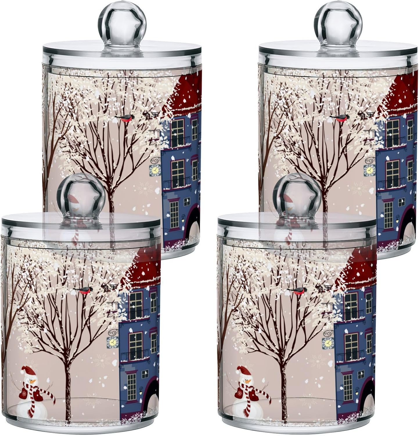 Christmas Winter Qtip Holder Dispenser 4 Pack Snowmen Snow Courtyard with Trees Apothecary Jars with Lids Bathroom Vanity Countertop Canister Storage Organizer for Cotton Ball,Swabs,Pads,Floss