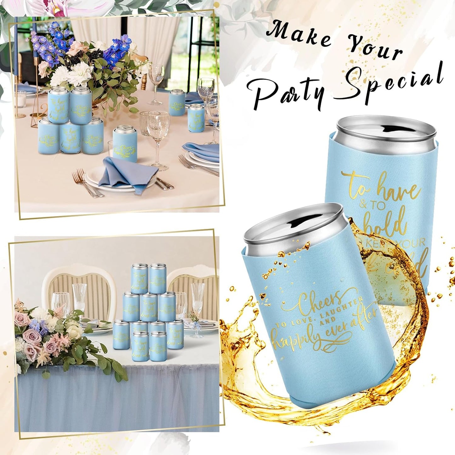50 Pieces Light Blue Wedding Can Cooler Sleeves Bulk Engagement Party Favors for Guests Cheers to Love Laughter and Happily Ever After Rehearsal Dinner Decorations for Wedding Bridal