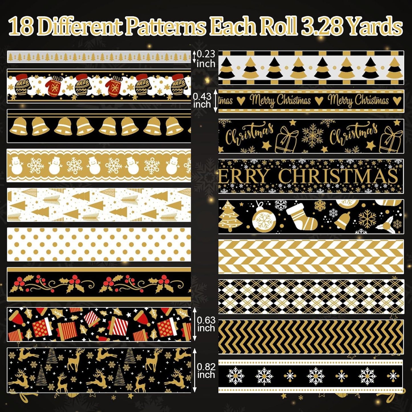 18 Rolls Christmas Washi Tape Holiday Masking Tape Black Christmas Wrapping Tape Glod Silver Foil Decorative Tape for Christmas Scrapbook Journal DIY Craft Gift Wrapping（Xmas Black