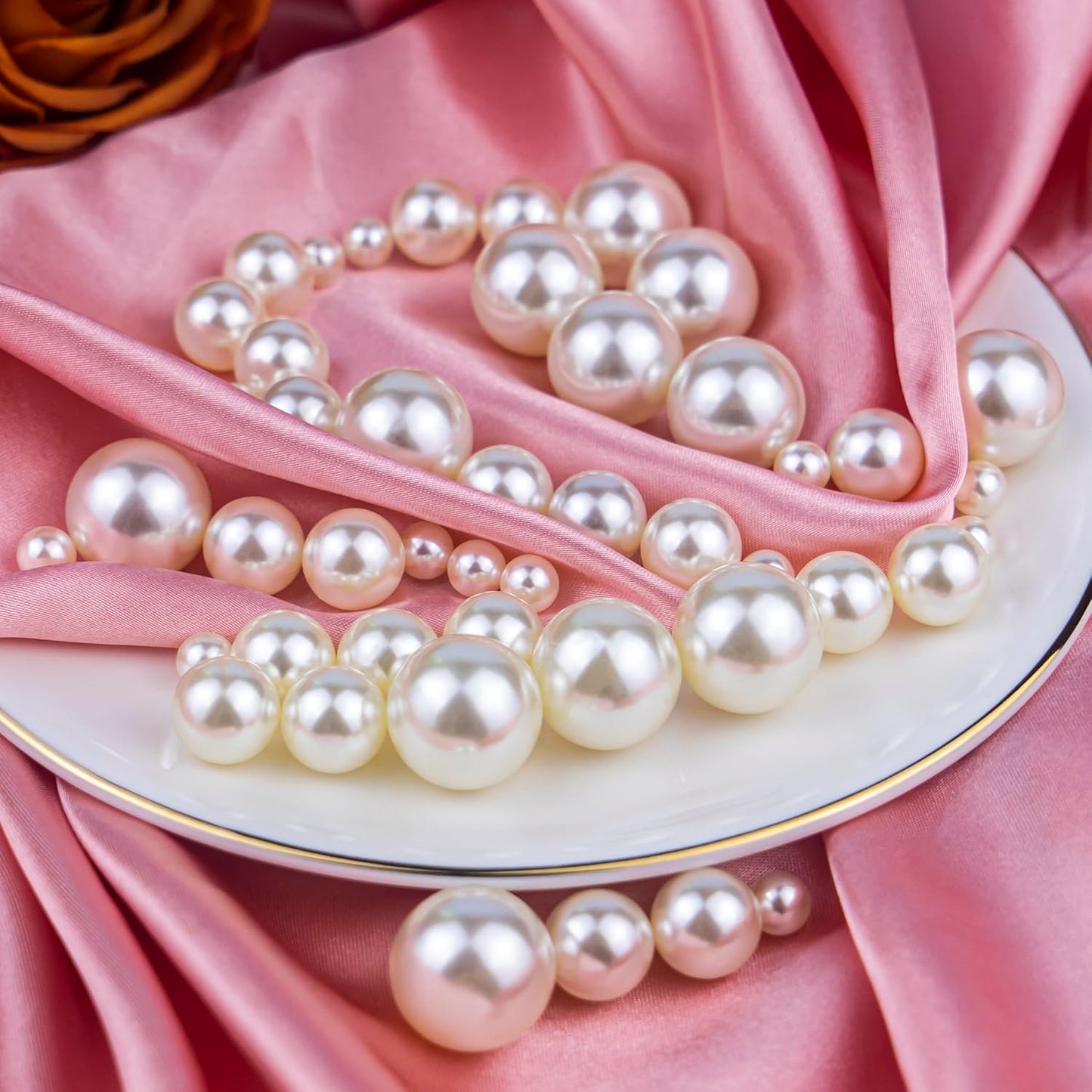 300Pcs Cream Polished No Hole Faux Pearl Beads for Vase Filling Decorations, Plastic Pearls Vase Fillers, Table Scatters, Wedding Centerpiece, Home Decor, 8/14/20 mm