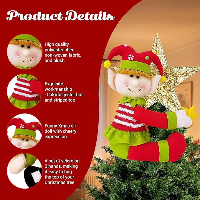 Elf Christmas Tree Topper with Mini Star, Unique Funny Plush Elf Decoration for Tree, Xmas Curtain Ornaments Wine Bottle Staircase Guardrail Decoration for Xmas New Year Holiday Birthday