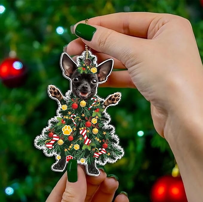 Black Chihuahua Christmas Tree Ornament - Festive Holiday Acrylic Hanging Decoration - Black Chihuahua Christmas Tree Topper Ornament