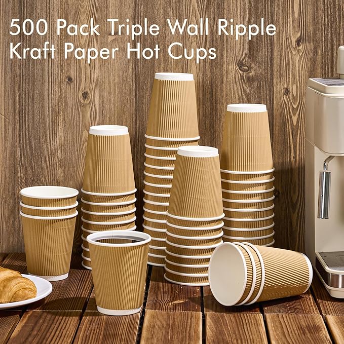 500 Pack 8 oz Coffee Cups, Insulated Ripple Wall Hot Coffee Cups for Home, Office, Hotel, Meetings, Parties