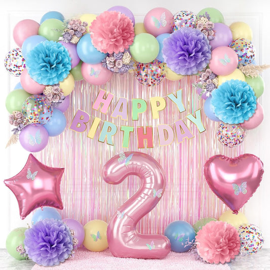 Pastel 2nd Birthday Party Decorations for Girls Number 2 Balloon Happy Birthday Banner Butterfly Stickers Fringe Curtain Paper Pom Poms Macaron Pink Star Foil Colorful Balloons Baby 2 Year Old Decor