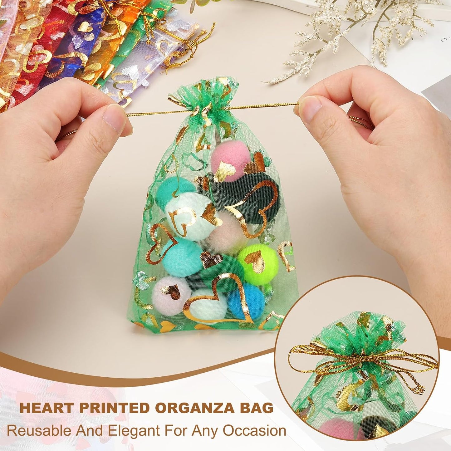 PATIKIL 100 Pcs 4x6 Inch Heart Printed Organza Bags, Orange Sheer Heart Organza Bags with Drawstring for Christmas Candy Jewelry Party Wedding Favor Gift