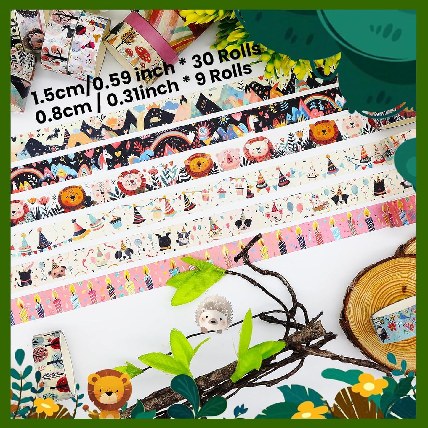 Washi Tape Set 39 Rolls - Cute Animal Colored Decorative Adhesive Tape for Kids, Masking Tape for Scrapbooking Supplies, DIY Crafts, Gift Wrapping, Junk Journal, Planners, School Supplies