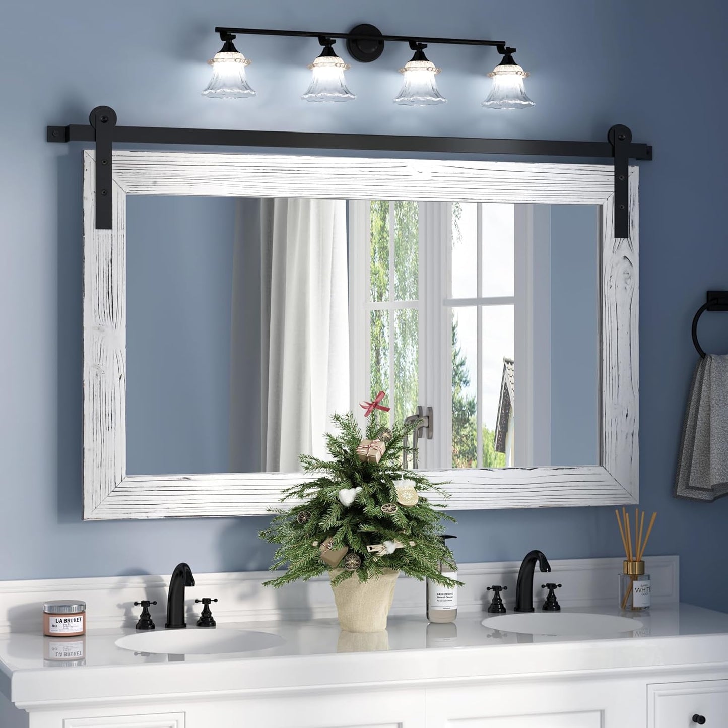 COGOOD Farmhouse Barn Door Mirror - 41" x 26" Rustic Wood Framed Wall Mirror for Bathroom, Living Room, Bedroom Wall Decor (White)