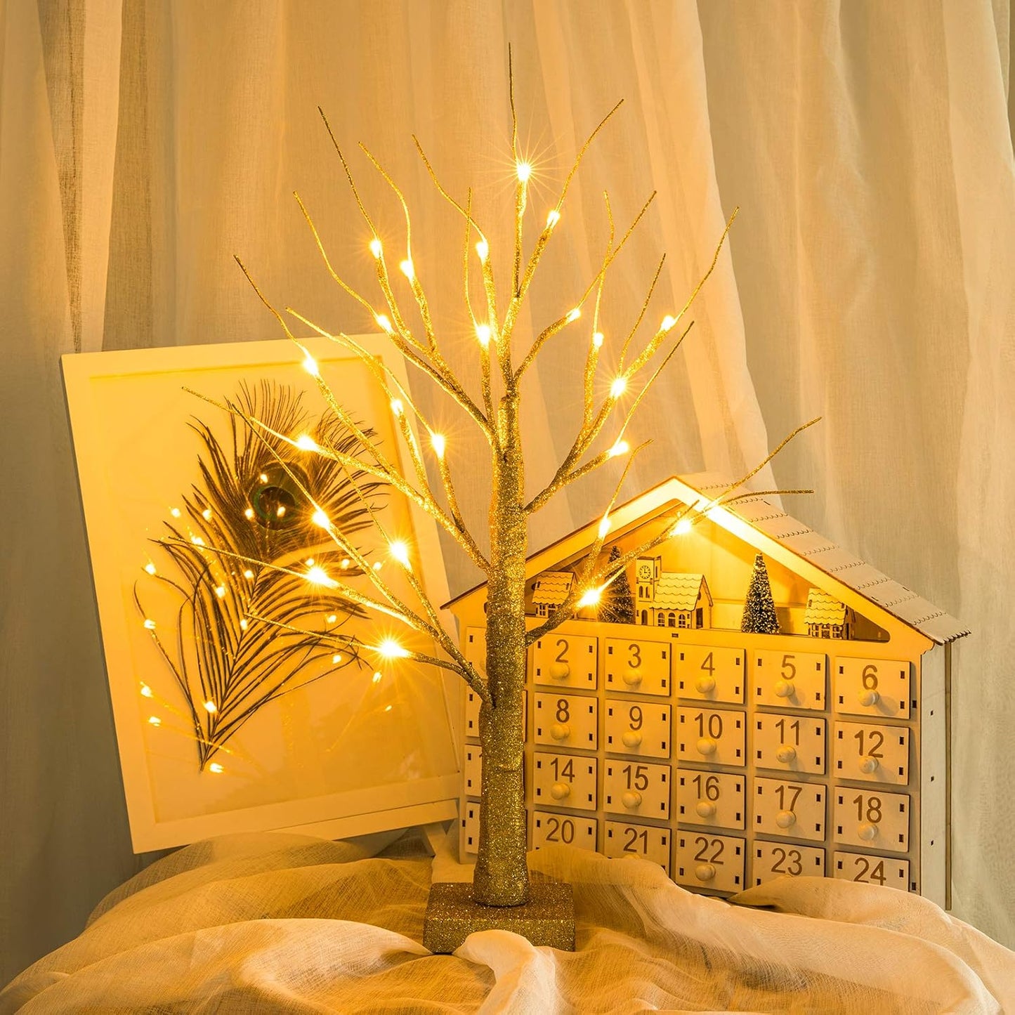 Sunnyglade 2PCS 2Ft 24 LED Birch Tree Light Fairy Tree Bonsai Tree Light Warm White for Home Wedding Festival Party Christmas Decoration (Golden)