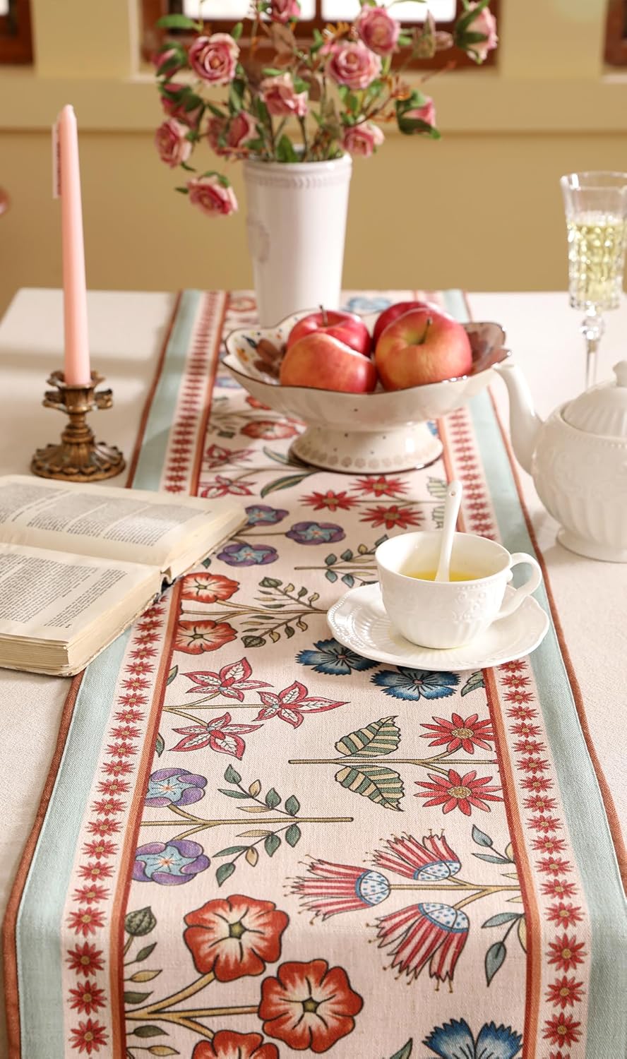 Decorative Linen French Table Runner 71 Inches Long,Green Floral Rustic Runner for Table Decor Tabletop Table Runners for Kitchen,Dining,Tea Party,Home,Christmas,12"*71"