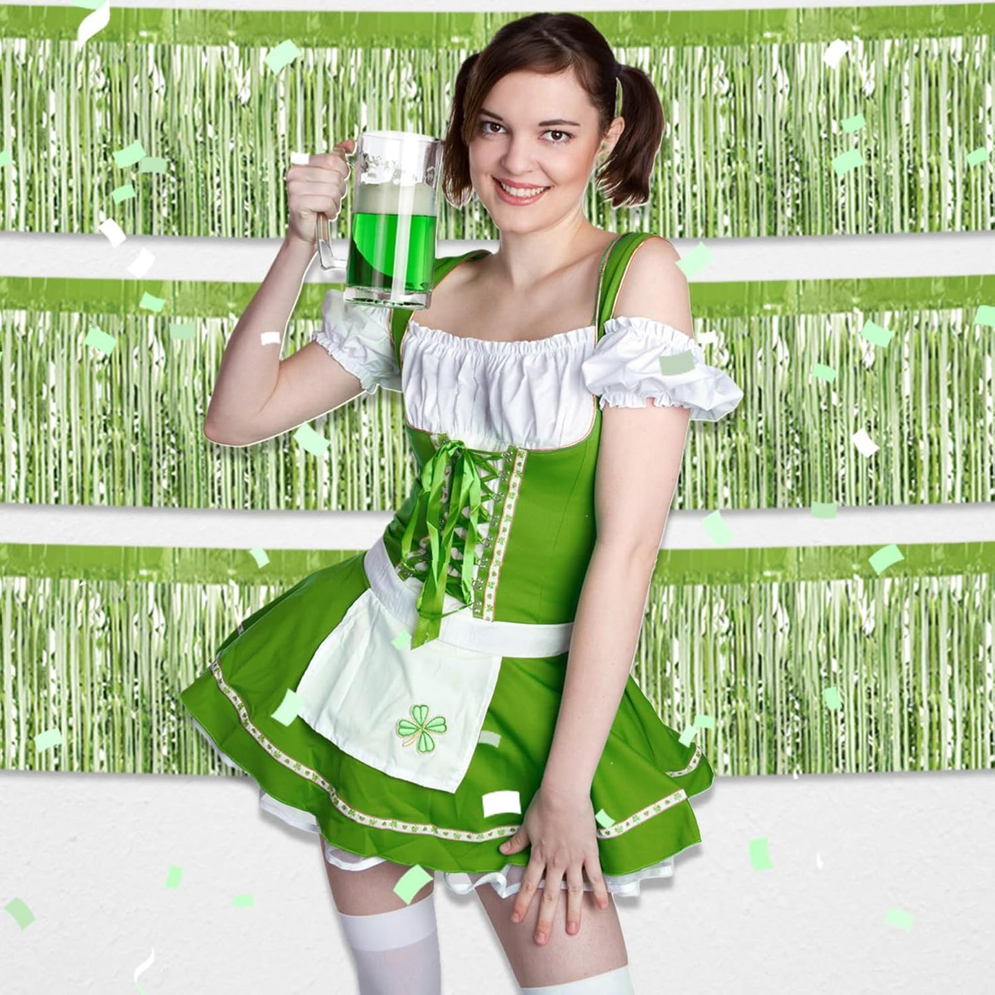 4 Pack 10 Feet Light Green Foil Fringe Garland Metallic Tinsel Streamers Banner Wall Hanging Curtain Backdrop for Parade Floats, Wedding, Graduate, Mother's Day, Birthday Party Decoration