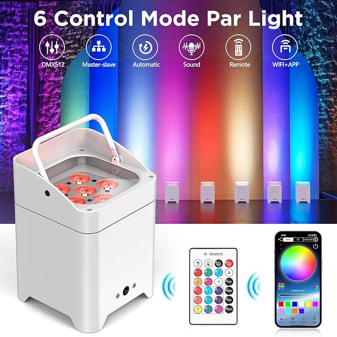Battery Powered Stage Lights, 9600mAh Rechargeable Par Can Lights 6x18W RGBWA+UV APP/Remote/DMX512/Sound Activated, Uplights for Events Party Wedding DJ Concert Christmas Dance White 4Pcs