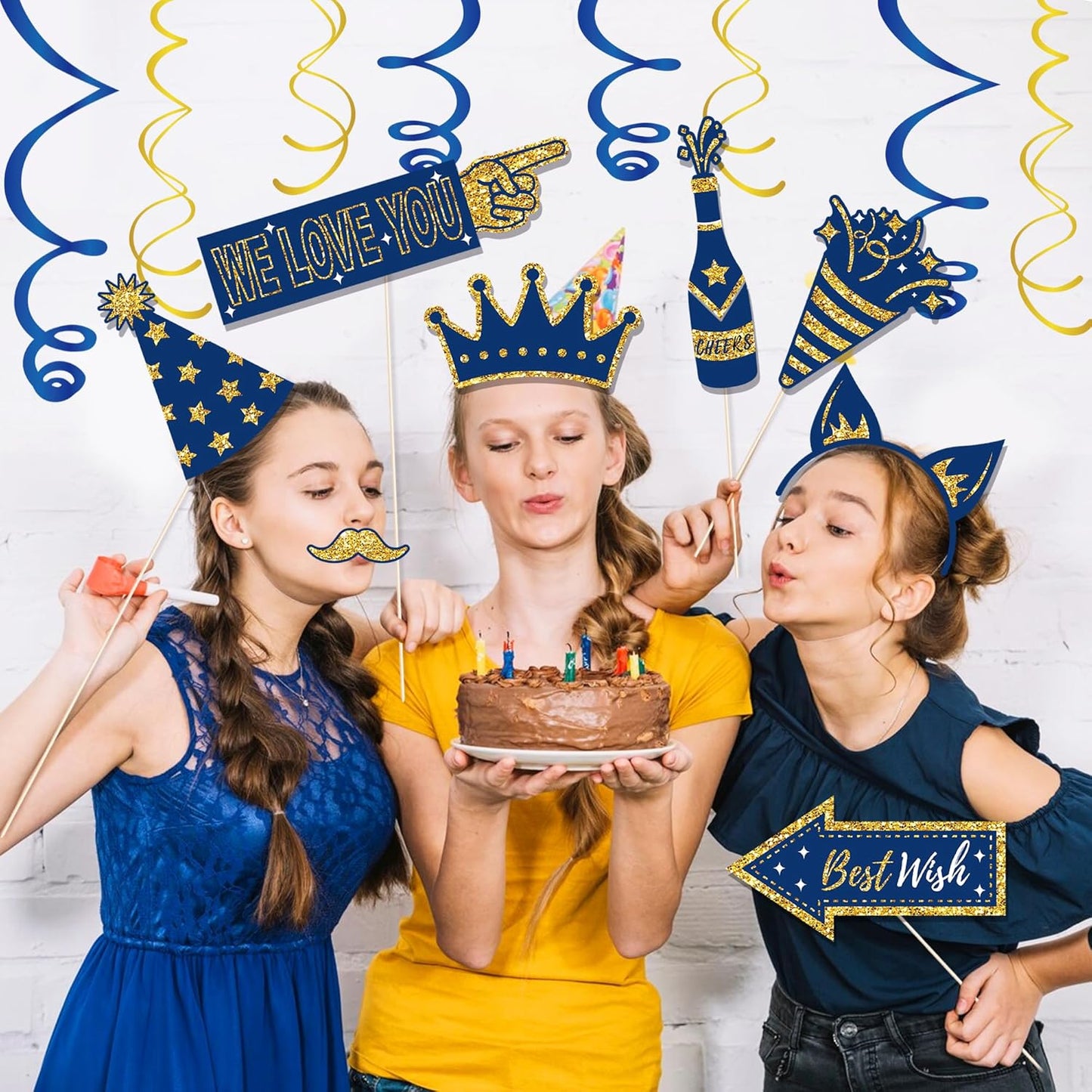 36 PCS Photo Booth Props Party Supplies Holiday Picture Decorations Blue Paper Photo Props for Birthday Party Favors Pose Sign Kit Fun