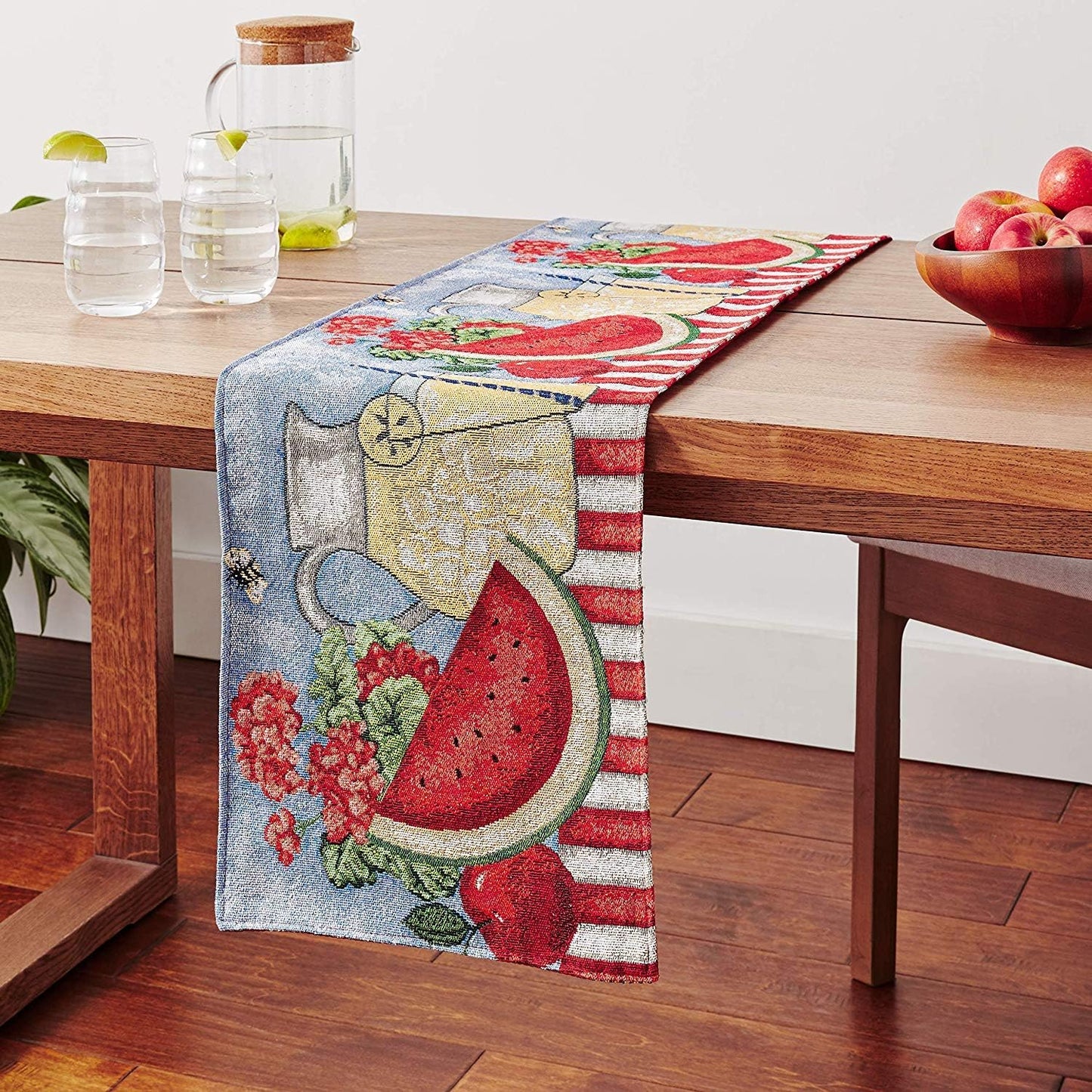 Tache Blue Summer Table Runner 90 Inches Long Fruity Drinks Colorful Watermelon Lemonade Decorative Spring Summer Blue Red Woven Tapestry Long Kitchen Coffee Dining Table Runners