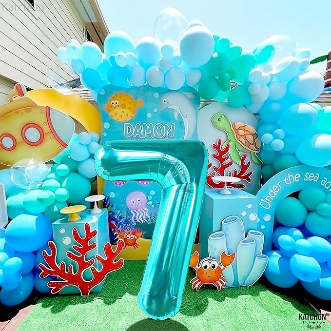 KatchOn, Aqua Blue 40 Inch Number 7 Balloon - 1pcs | Birthday Decorations for Boys & Girls | Unisex Ocean Themed 7th Birthday Party Supplies