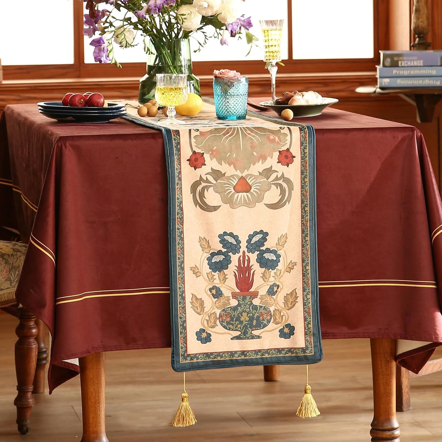 patdrea Designer Casual Wild Floral Velvet Table Runner 118 Inch Long, Brown Occult Bouquets Pattern Table Mat, Decoration for Kitchen Dining Coffee Table Cabinet Banquet Thanksgiving,12"*118"