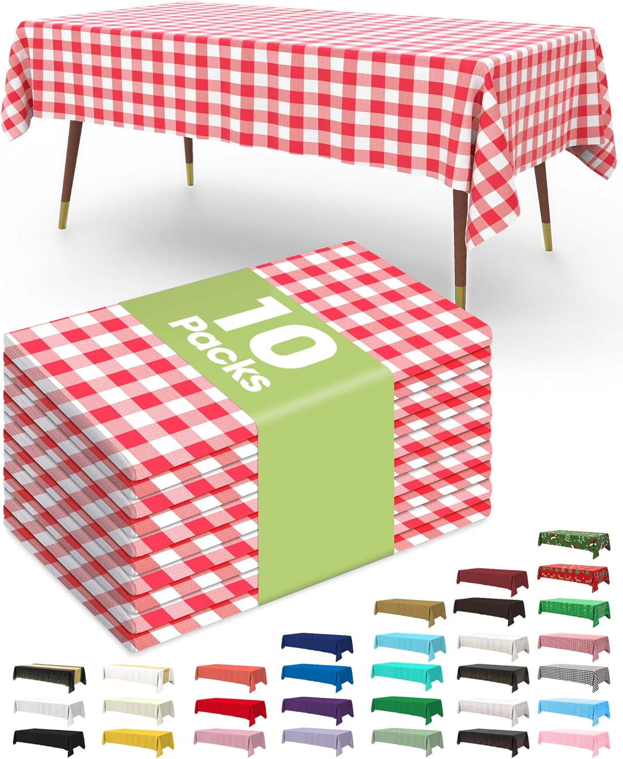 Pureegg Plastic Table Cloth Disposable 10 Pack, 54 x 108 Inch Table Cloths, Party, Picnic, Decorative Gingham Tablecloths, Rectangle, Red and White Checkered Cover, Leakproof & Sturdy, Red Plaid