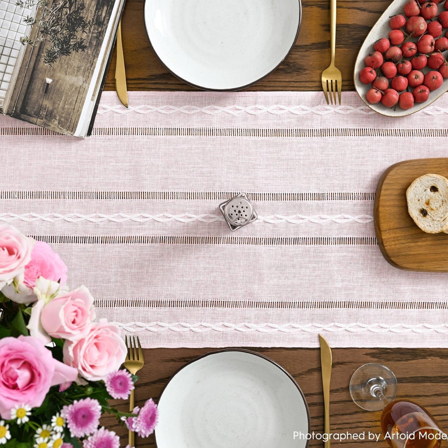 Artoid Mode Pink Rustic Cotton Linen Table Runner, Seasonal Embroidered Hollow Kitchen Dining Table Decoration for Home Party Decor 13x60 Inch