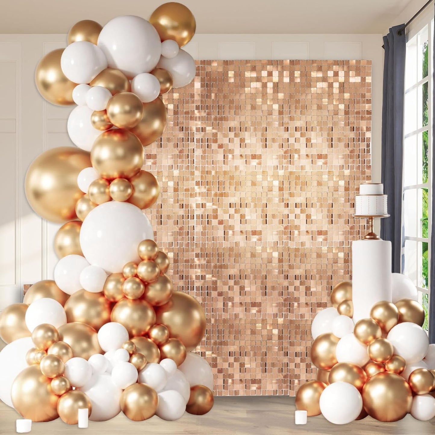 24PCS Champagne Gold Shimmer Wall Backdrop, Square Sequin Photo Backdrops Panel, Glitter Wall Background for Birthdays, Weddings, Graduation, Engagements, Disco Bachelorette Party Decoration (4FTx6FT)