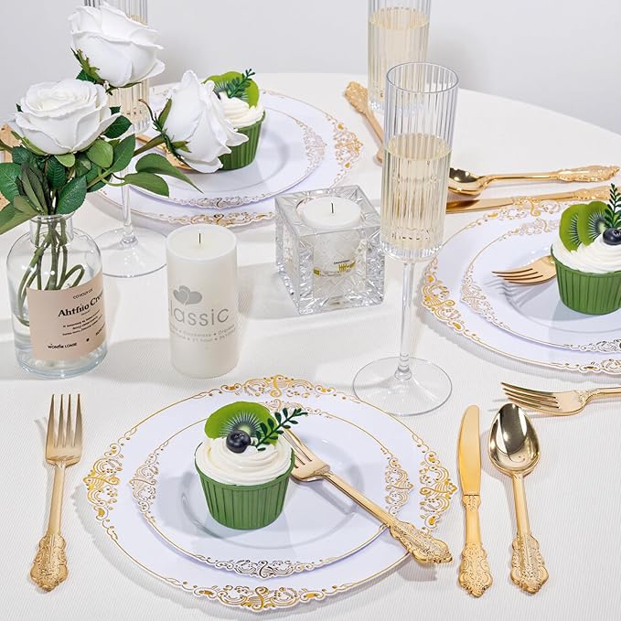 125PCS White and Gold Plastic Plates - Gold Disposable Plates with Plastic Silverware - Vintage Disposable Dinnerware Set for 25 Guests for Parties Holiday