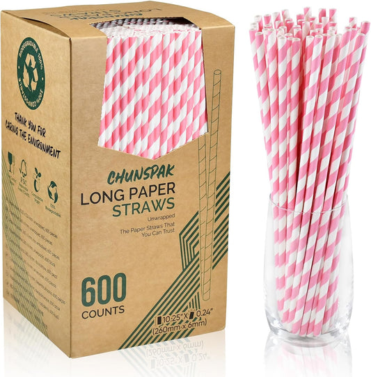 10.25" Long Pink/White Striped Disposable Paper Drinking Straws Bulk - Unwrapped [600 Counts]