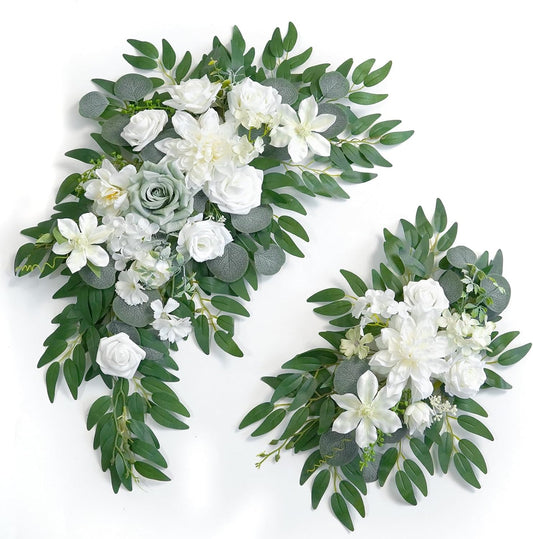 Faux Flower Swag Set of 2 for Wedding Welcome Signs Floral Swag Wedding Reception Ceremony Signs Decor (White & Green)