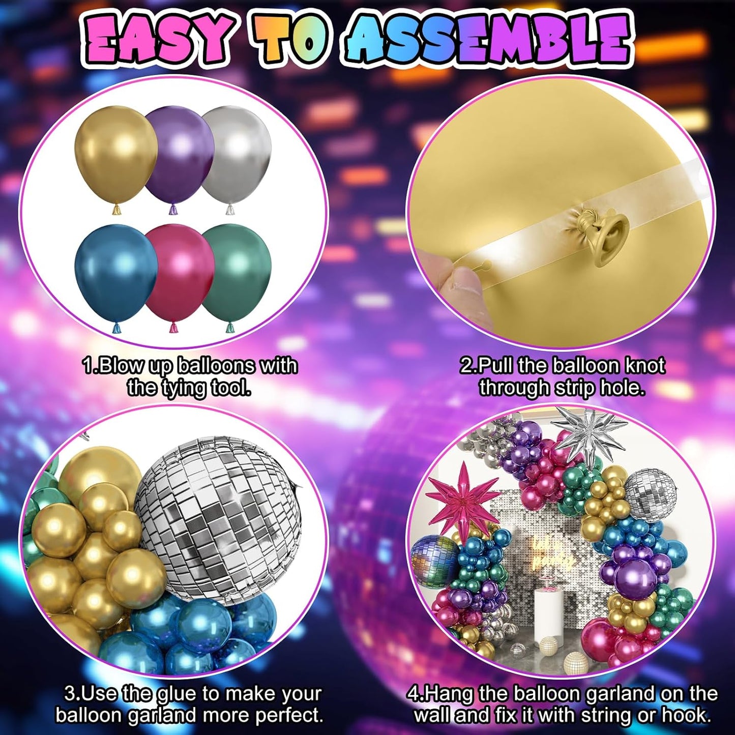 150Pcs Metallic Disco Balloon Arch Garland Kit, Chrome Purple Hot Pink Blue Silver Disco Ball Star Balloons for Men Women 80s 90s Birthday Party Decorations Graduation Space Neon Supplies